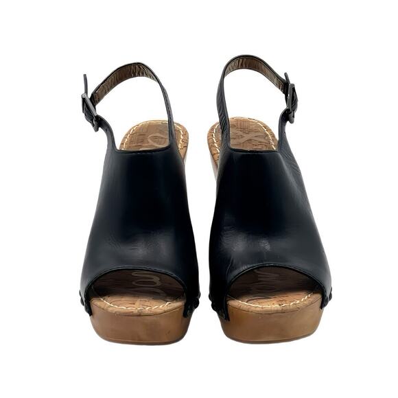 SAM EDELMAN Camilla Black Leather Studded Slingback  Wood Wedge Platform Sz 10 - Picture 4 of 10